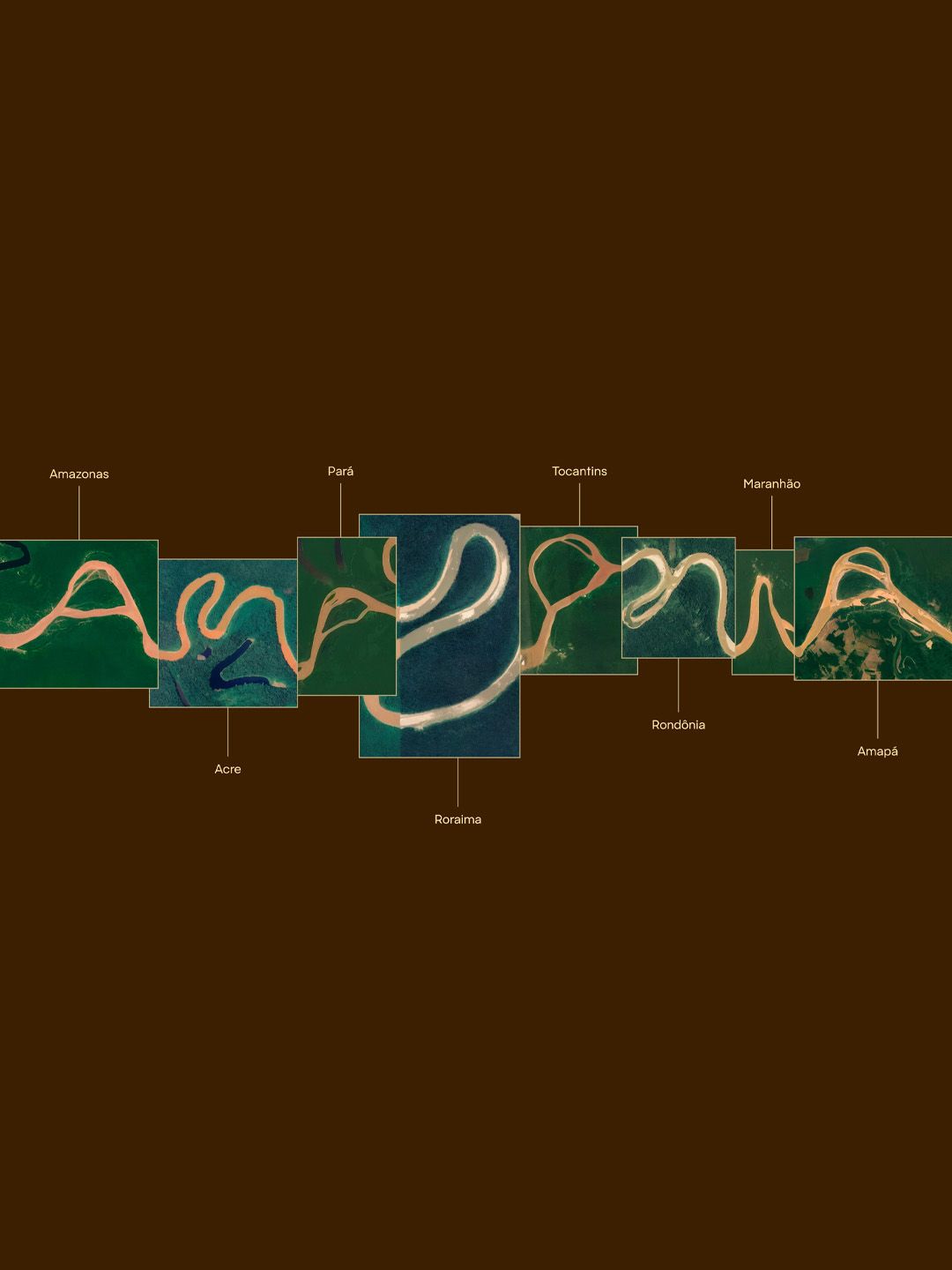 Each letter drawn from a different Amazon state river system — Amazonas, Acre, Pará, Roraima